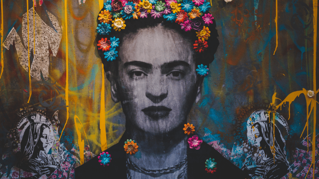 a painting of Frida with flowers on her head