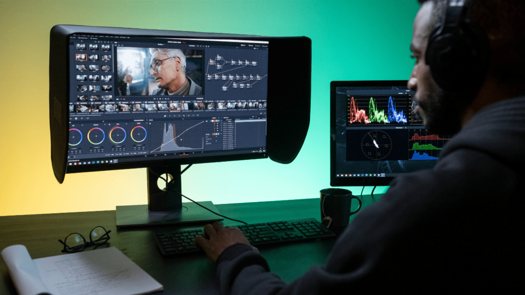 a person sitting at a desk in front of two monitors