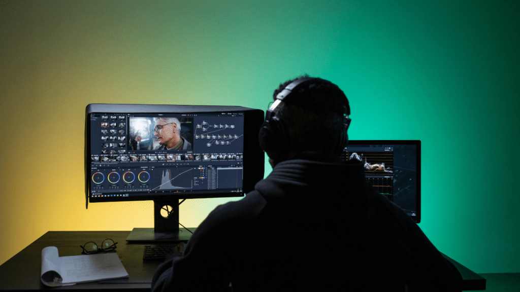 a person sitting at a desk in front of two monitors