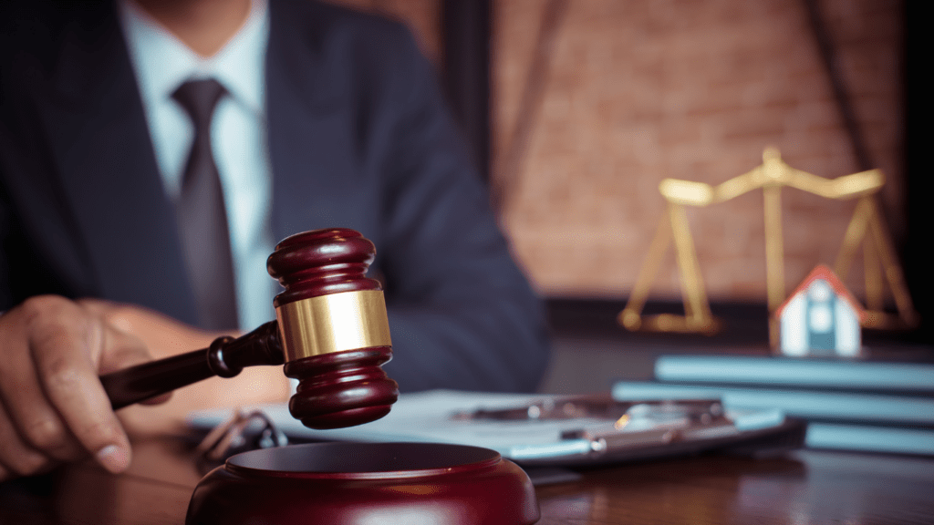 judge's gavel and book on wooden table